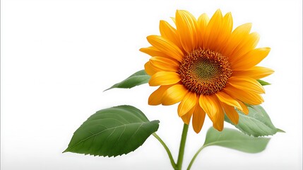 Obraz premium Bright and Vibrant Yellow Sunflower with Green Leaves on White Background for Nature and Floral Themes