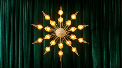 Illuminated starburst lamp on emerald velvet background vintage stage lighting 