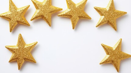 Golden glitter stars on white background for celebration festive design top view arrangement of sparkling stars 