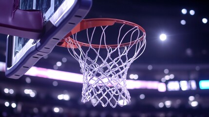 Dynamic basketball shot above hoop sharp focus on backboard blurred crowd in arena created with Generative AI technology