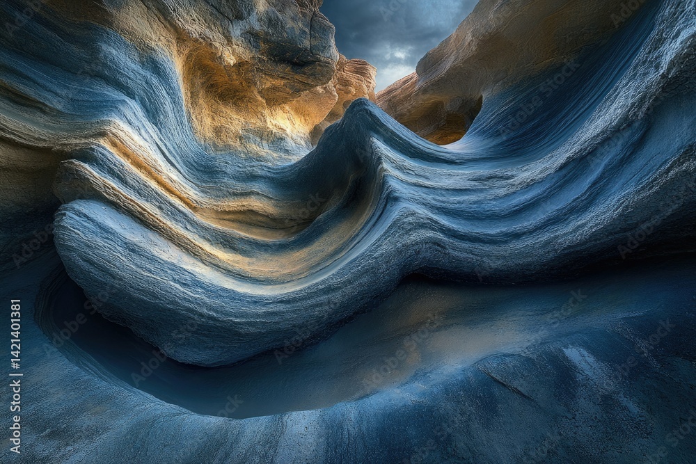 Poster stunning blue and gold sandstone formations create a mesmerizing wave-like pattern in a narrow canyo
