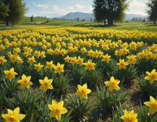 Lush green field bursting with bright yellow daffodils, sunny spring day,  growth,  sunlight