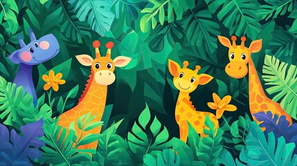 Adorable Giraffes and a Blue Creature Hidden in Lush Tropical Foliage: A Vibrant Jungle Scene