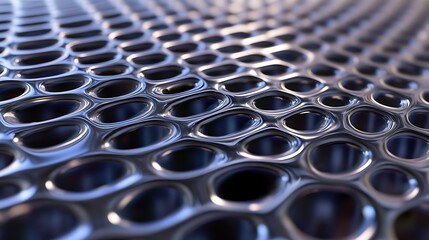 A close-up of a textured metallic surface with rounded holes, showcasing depth and reflection.