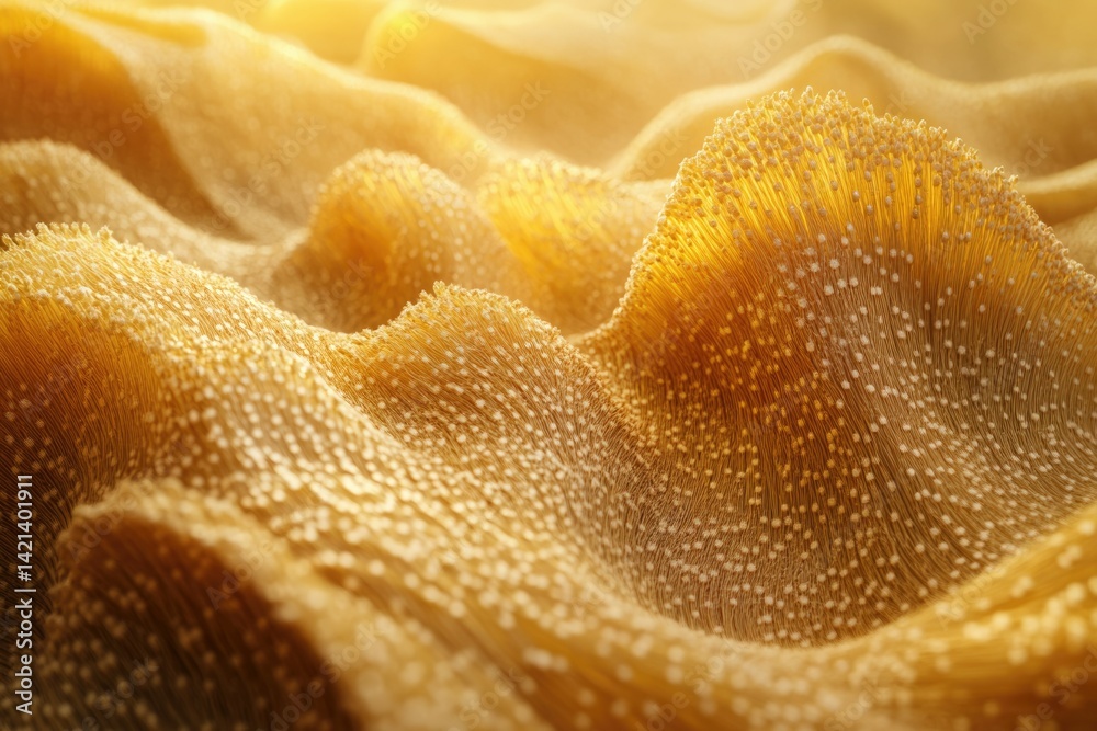 Poster Golden fabric texture with wave-like patterns and tiny dots under sunlight.