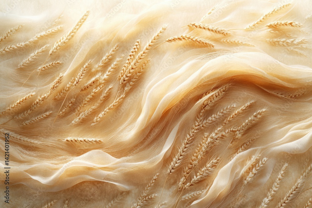 Poster golden wheat stalks elegantly arranged on a flowing beige fabric, creating a serene and natural aest