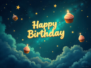 Magical 'Happy Birthday' Greeting with Cupcakes and Stars in a Night Sky