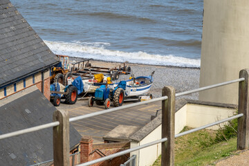 Looking down over Cromer beach with intentional focus on the railings