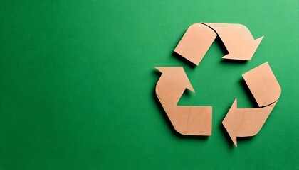  Recycling symbol cut out of kraft paper on green background, top view. Space for text.