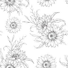 Floral seamless pattern with Sunflowers. Sunflowers background. Sunflower pattern. Sunflower hand drawn line art design. Elegant seamless background minimalist style
