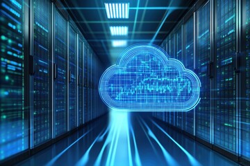 Modern technology concept of cloud computing with digital data storage and server infrastructure in a futuristic data center environment