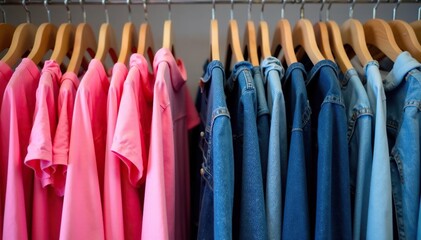 Neatly arranged pink tops & blue jeans on tagged rack , blue, folded, denim