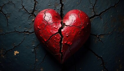 Realistic heart, severe cracks, rough surface, dark tones, split, background, sorrow