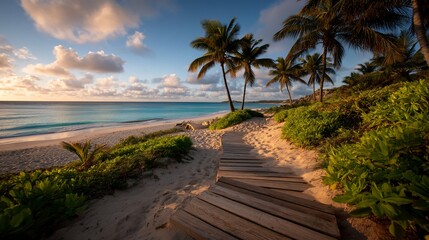 Obraz premium Tropical beach walkway at sunset