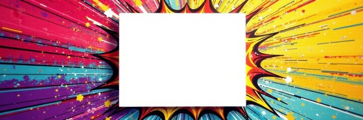 Clean white square frame on vibrant comic book backdrop, splat, art, element