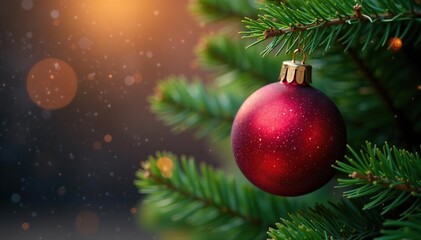 Fototapeta premium Sparkling red bauble on lush Christmas tree branch , sparkle, christmas decoration, macro