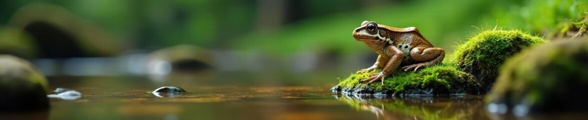 Obraz premium Toad perfectly blends with mossy stream rock, near water, photography, background