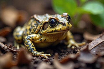 Fototapeta premium Toad perfectly camouflaged amongst decaying foliage, anura, closeup, woodland
