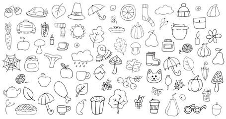 Collection of autumn items isolated on white background. Autumn clothes, leaves, clouds, pie, pumpkin, umbrella, cup, rowan. Coloring. Vector illustration.