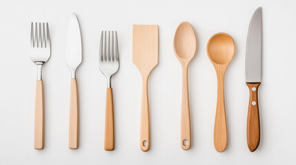 Culinary Essentials: A curated arrangement of kitchen tools, featuring forks, knives, wooden spatula, spoons. The image highlights precision and the art of food preparation.