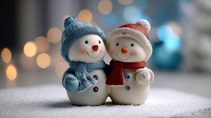 Two charming snowmen, dressed in winter attire, stand close together on a snowy surface, with a blurred bokeh background of warm lights