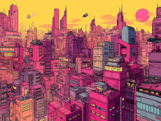 Obraz premium Vibrant pink futuristic cityscape with towering structures, spacecraft, and planets in yellow sky