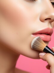 Facial Makeup. Closeup Of Beautiful Young Female Model Putting Blush With Cosmetic Brush. Portrait Of Attractive Healthy Girl With Pure Clean Skin And Natural Make-Up
