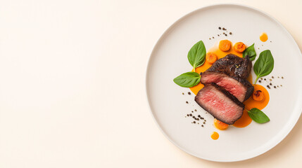 Gourmet Plate: A close-up view showcases a meticulously arranged plate of tender meat with vibrant sauce and basil leaves. It's a visual feast representing the culinary art