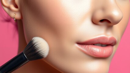 Facial Makeup. Closeup Of Beautiful Young Female Model Putting Blush With Cosmetic Brush. Portrait Of Attractive Healthy Girl With Pure Clean Skin And Natural Make-Up