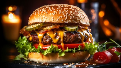Delicious big hamburger on wooden background