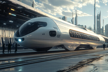 Fototapeta premium Futuristic high speed train at a modern station futuristic city skyline