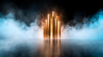 Golden columns illuminate, surrounded by a foggy dreamscape in a dark, reflective space