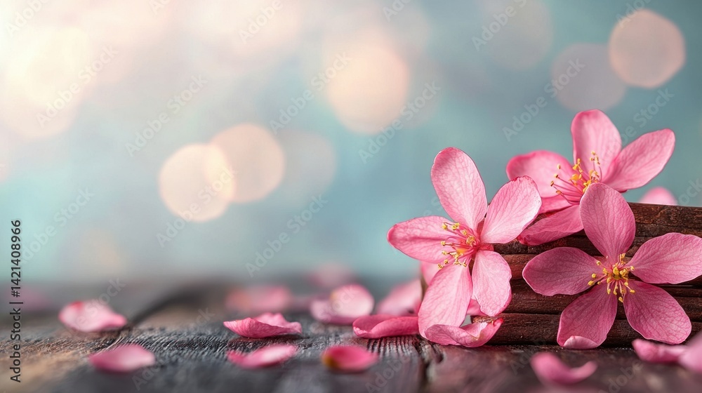 Aufkleber soft pink blossoms rest on weathered wood with a blurred bokeh background.