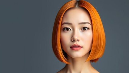 Nice Asian Girl With Red hair and carre haircut (long bob) shot on grey background.