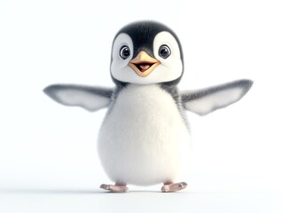 Fototapeta premium A Happy Baby Penguin with Open Wings, Ready for Flight, Smiling Joyfully on a White Background