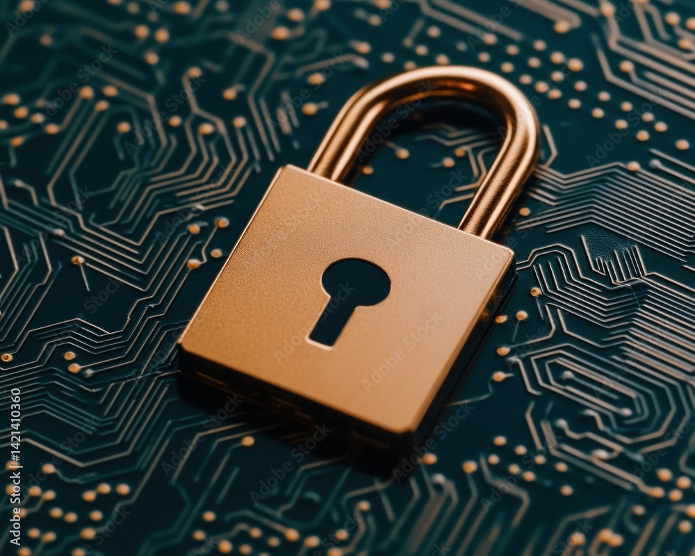 Poster Golden padlock secures electronic circuit board highlighting data privacy.
