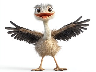 Joyful baby ostrich spreads wings wide, a fluffy smile beaming, ready for flight against a pure white backdrop.