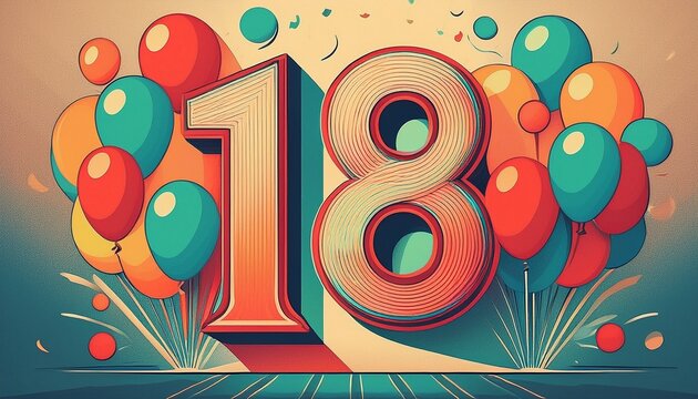 Number 18 with balloons. Retro style illustration for eighteenth birthday or anniversary