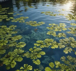 Sunlit pool's surface displays natural footprint patterns created by floating aquatic plants and their reflections ,  still,  nature,  surface tension