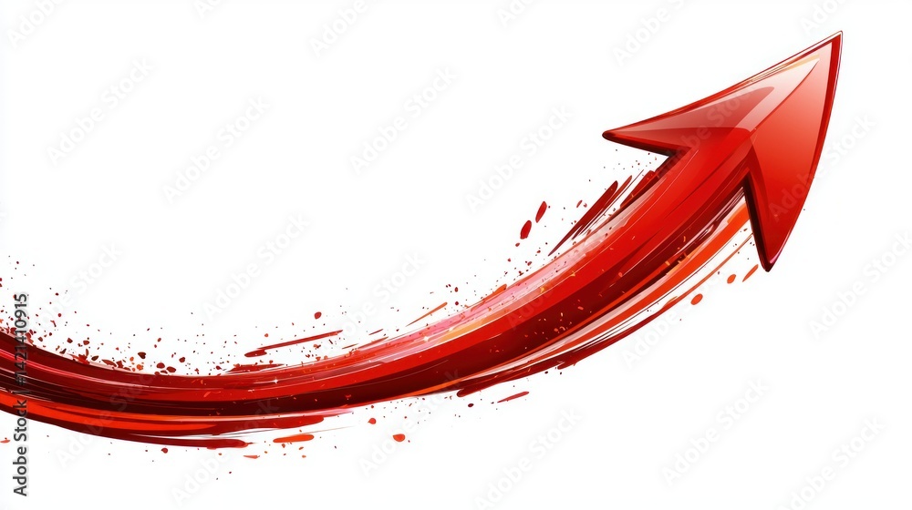Poster a stylized red arrow curves upward against a stark white background image.