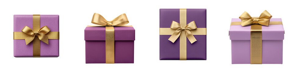Elegant purple and gold gift boxes with bows