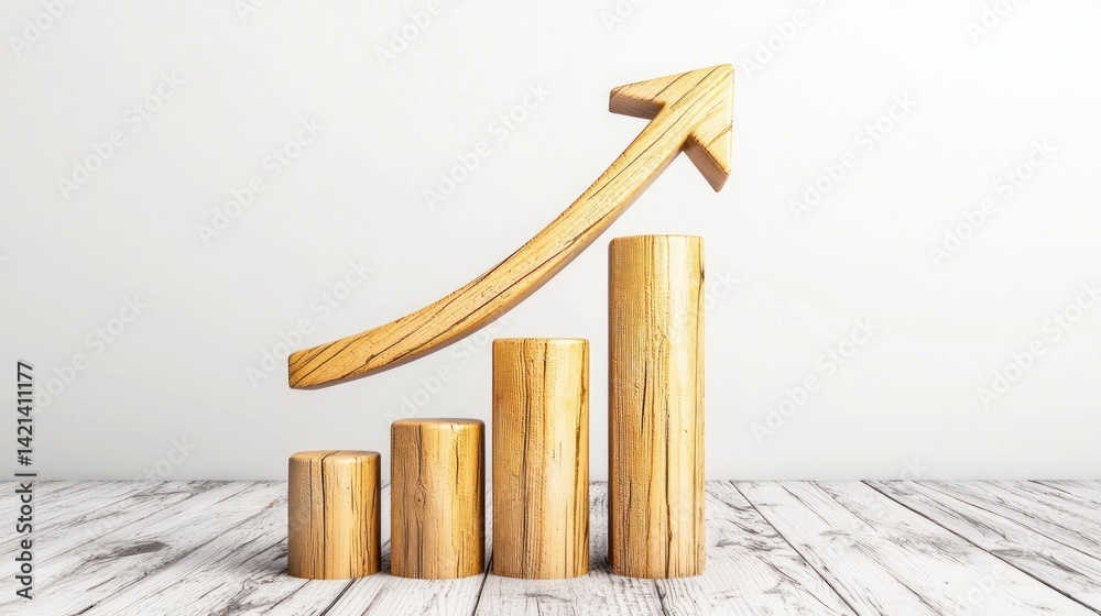 Poster wooden bar graph with arrow shows growth and progress on white background.