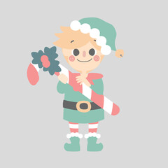 merry christmas and happy new year with cute little elf dwarf and candy cane, flat vector illustration cartoon character costume design