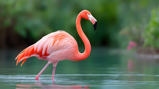 Portrait of a pink flamingo in the water, Flamingo in his natural habit. Tropical nature background