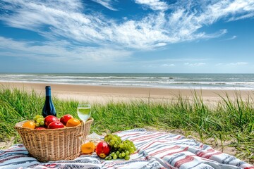 Beach picnic with fruits and wine