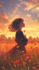 A young girl standing in a field of poppies at sunset