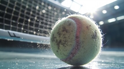 Low-angle macro shot of tennis ball being struck with full power and racket strings in focus created with Generative AI technology