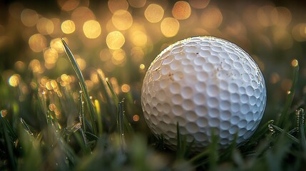 Close-up shot of golf ball resting on trimmed grass with golden sunlight and crisp texture details created with Generative AI technology