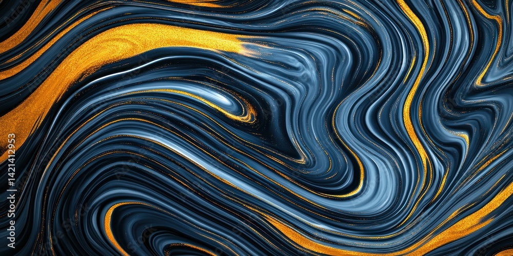 Poster an abstract marble design flows with navy blue and shimme golden swirls.