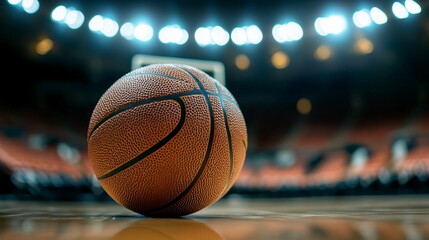 Macro shot of textured basketball on wooden court with dramatic lighting created with Generative AI technology